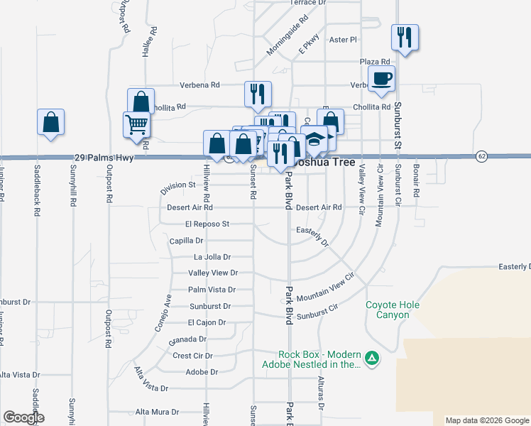 map of restaurants, bars, coffee shops, grocery stores, and more near 61737 Desert Air Road in Joshua Tree