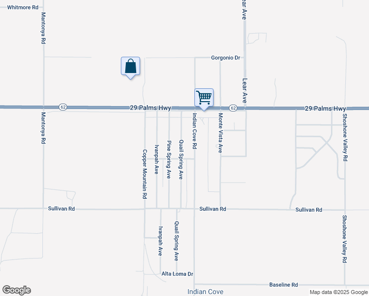 map of restaurants, bars, coffee shops, grocery stores, and more near 6659 Quail Spring Avenue in Twentynine Palms