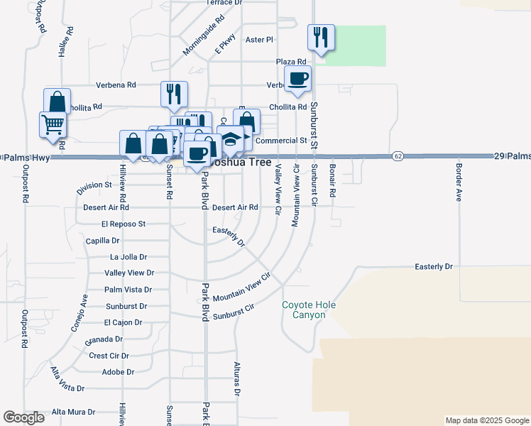 map of restaurants, bars, coffee shops, grocery stores, and more near 61963 Grand View Circle in Joshua Tree