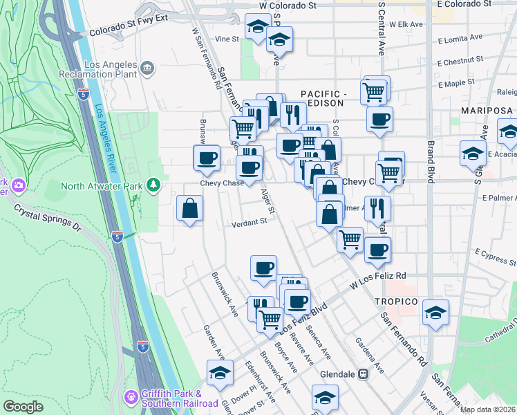 map of restaurants, bars, coffee shops, grocery stores, and more near 4202 Willimet Avenue in Los Angeles