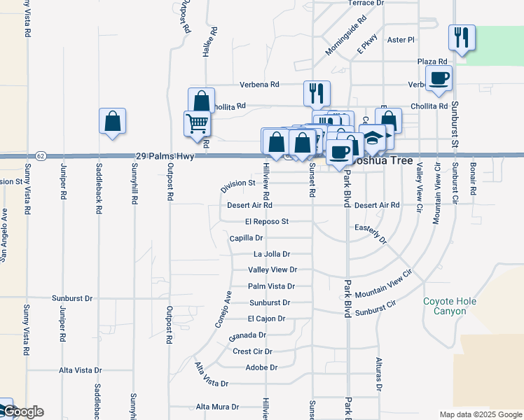 map of restaurants, bars, coffee shops, grocery stores, and more near 61559 Desert Air Road in Joshua Tree