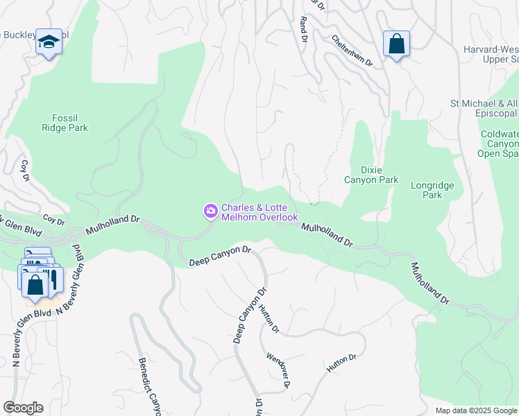 map of restaurants, bars, coffee shops, grocery stores, and more near 13679 Mulholland Drive in Beverly Hills