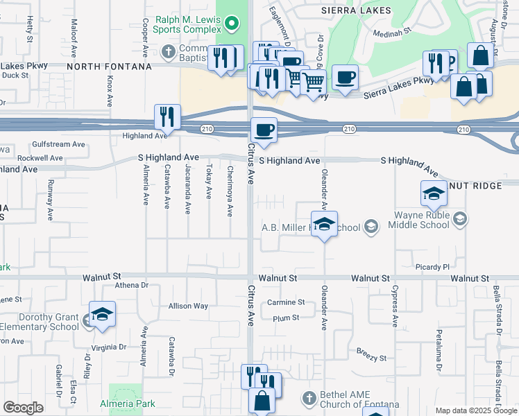 map of restaurants, bars, coffee shops, grocery stores, and more near 16163 Lumia Way in Fontana