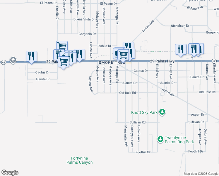 map of restaurants, bars, coffee shops, grocery stores, and more near 6676 Mariposa Avenue in Twentynine Palms