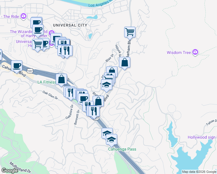 map of restaurants, bars, coffee shops, grocery stores, and more near 3212 De Witt Drive in Los Angeles