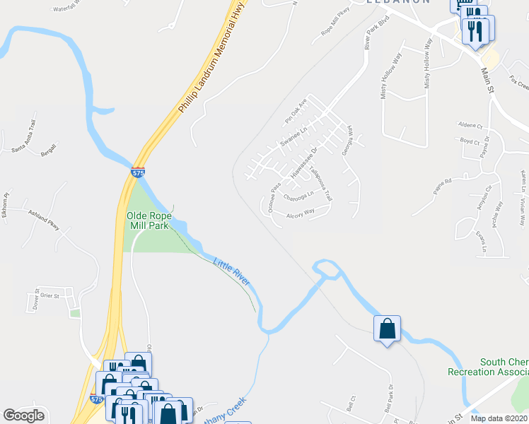 map of restaurants, bars, coffee shops, grocery stores, and more near 206 Etowah Way in Woodstock