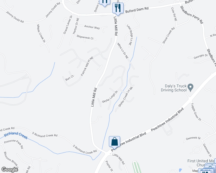 map of restaurants, bars, coffee shops, grocery stores, and more near 2306 Copper Grove Lane in Buford