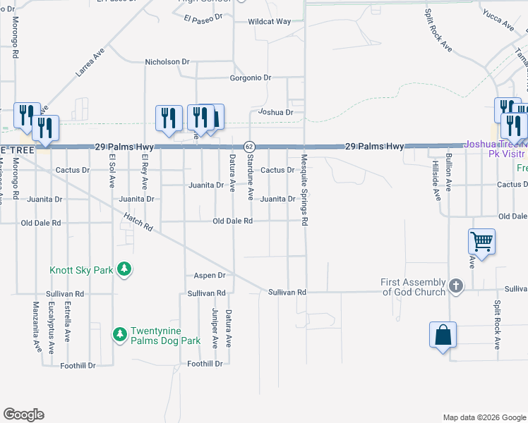 map of restaurants, bars, coffee shops, grocery stores, and more near 6668 Rose Ellen Avenue in Twentynine Palms