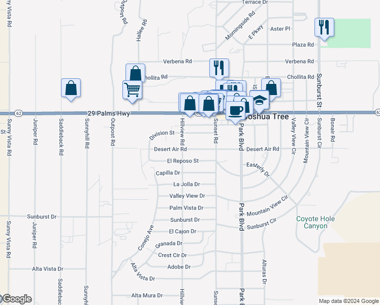 map of restaurants, bars, coffee shops, grocery stores, and more near 61601 Desert Air Road in Joshua Tree