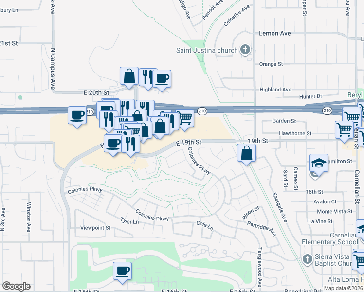 map of restaurants, bars, coffee shops, grocery stores, and more near 1321 Kendra Lane in Upland