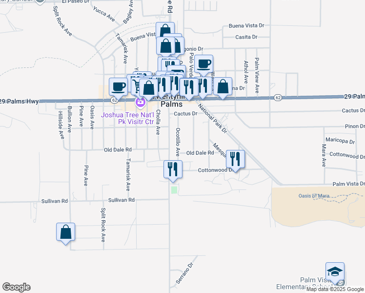 map of restaurants, bars, coffee shops, grocery stores, and more near 6671 Ocotillo Avenue in Twentynine Palms