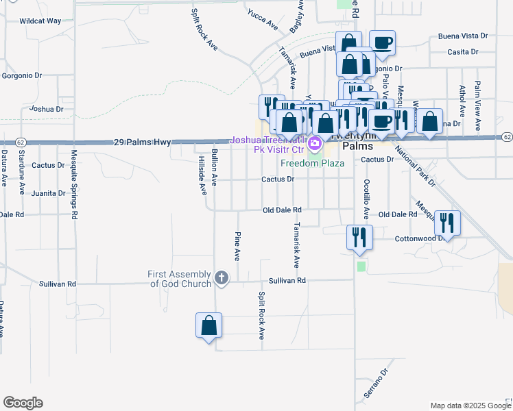 map of restaurants, bars, coffee shops, grocery stores, and more near 6673 Oasis Avenue in Twentynine Palms