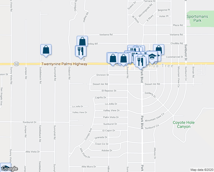 map of restaurants, bars, coffee shops, grocery stores, and more near 61559 Desert Air Road in Joshua Tree