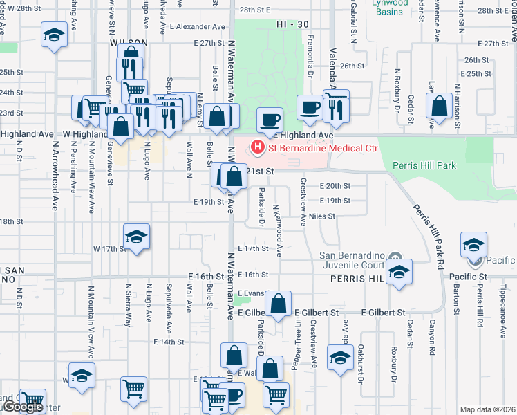map of restaurants, bars, coffee shops, grocery stores, and more near 1911 Broadmoor Boulevard in San Bernardino