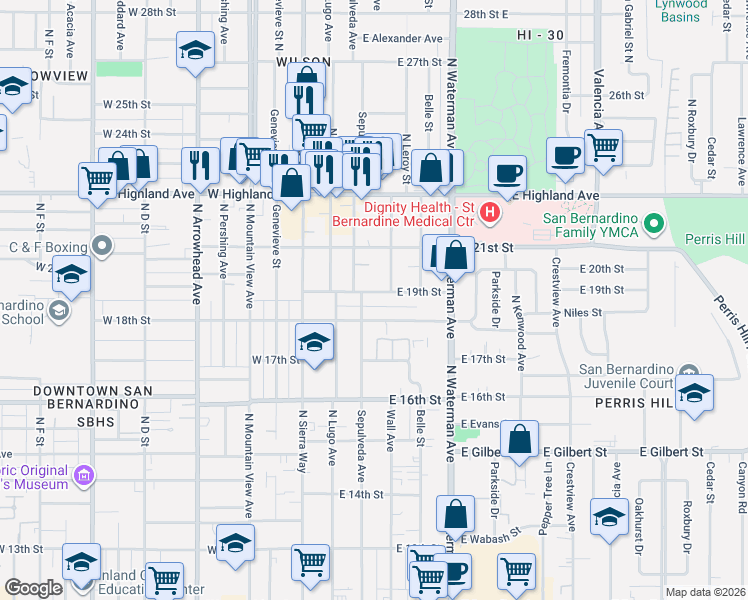 map of restaurants, bars, coffee shops, grocery stores, and more near in San Bernardino