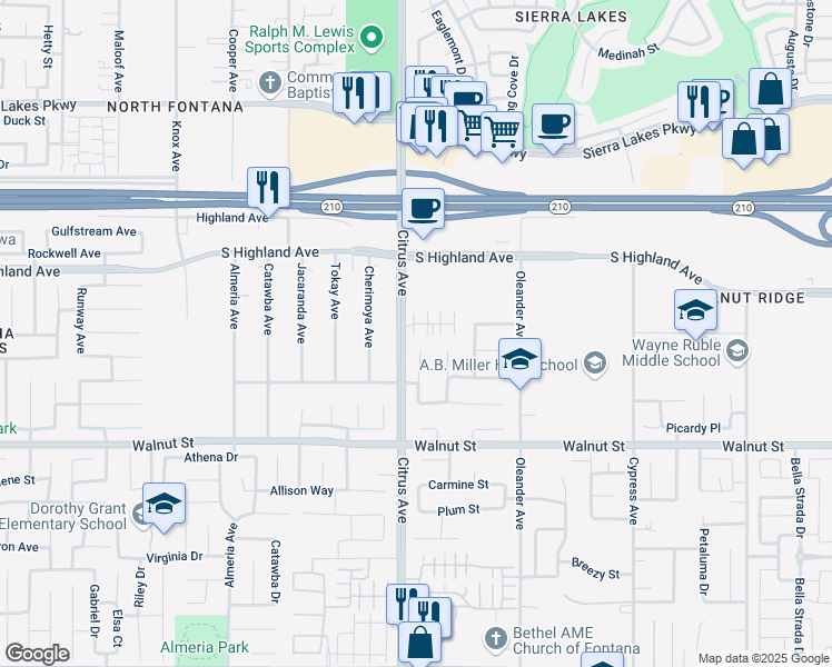 map of restaurants, bars, coffee shops, grocery stores, and more near 16120 Lumia Way in Fontana