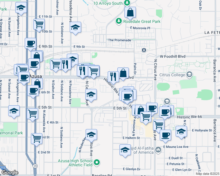 map of restaurants, bars, coffee shops, grocery stores, and more near 650 Cedarglen Drive in Azusa