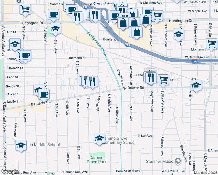 map of restaurants, bars, coffee shops, grocery stores, and more near 725 West Duarte Road in Monrovia