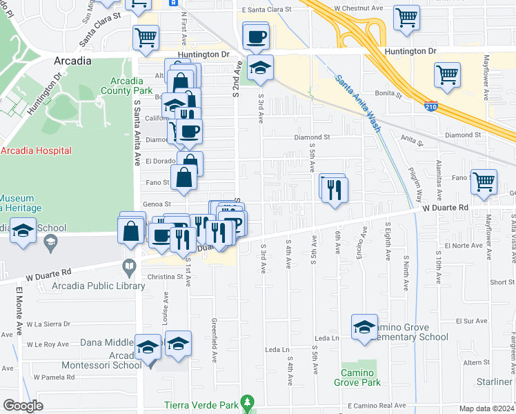 map of restaurants, bars, coffee shops, grocery stores, and more near 209 Genoa Street in Arcadia