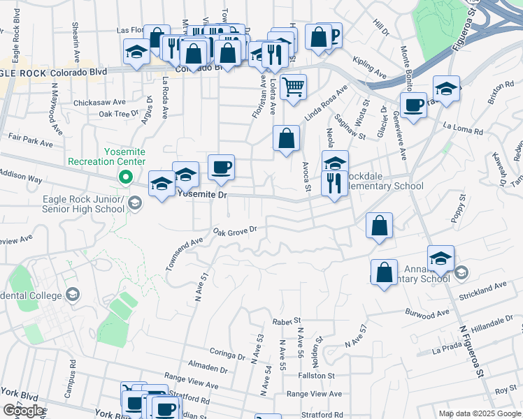 map of restaurants, bars, coffee shops, grocery stores, and more near 1510 Yosemite Drive in Los Angeles