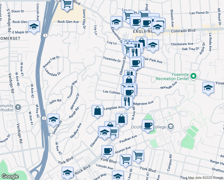 map of restaurants, bars, coffee shops, grocery stores, and more near 2335 Las Colinas Avenue in Los Angeles