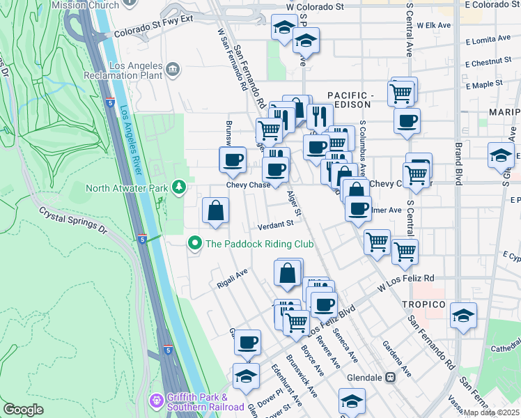 map of restaurants, bars, coffee shops, grocery stores, and more near 4343 Perlita Avenue in Los Angeles