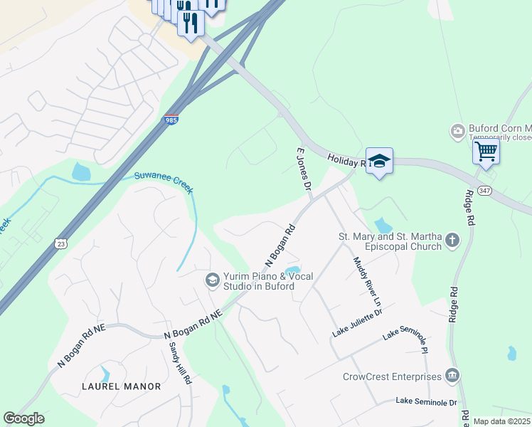 map of restaurants, bars, coffee shops, grocery stores, and more near 3616 Bogan Springs Drive in Buford