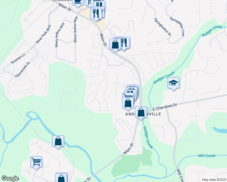 map of restaurants, bars, coffee shops, grocery stores, and more near 406 Vivian Way in Woodstock