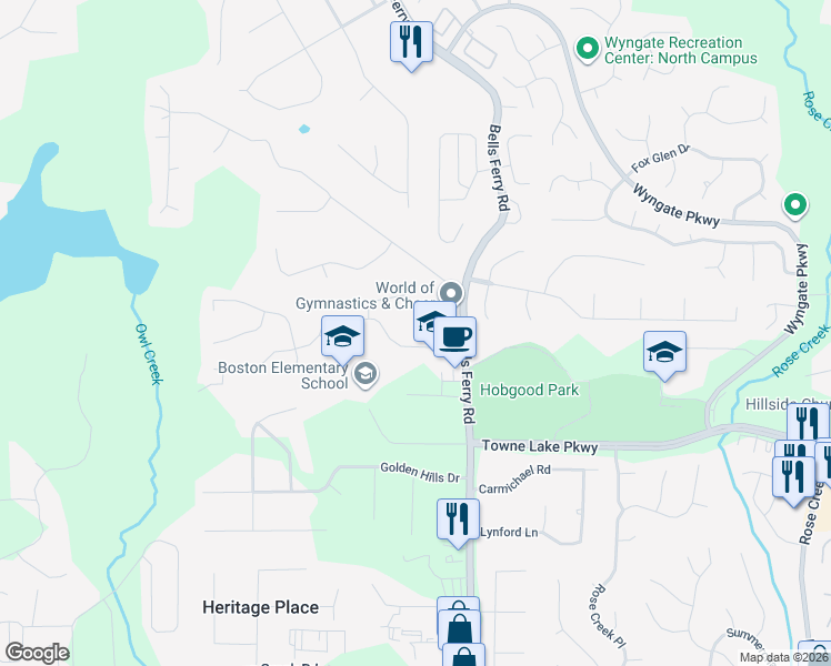 map of restaurants, bars, coffee shops, grocery stores, and more near 1000 Ashfern Walk in Woodstock