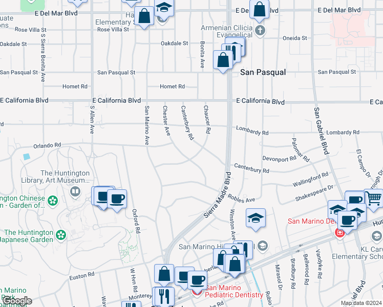 map of restaurants, bars, coffee shops, grocery stores, and more near 830 Chester Avenue in San Marino