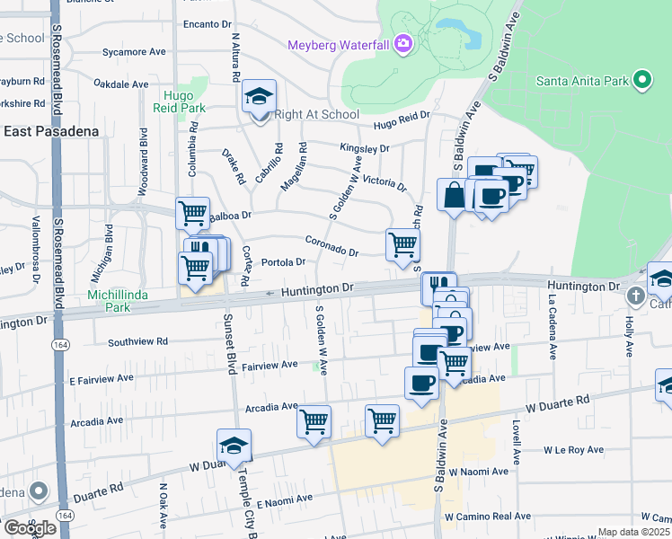 map of restaurants, bars, coffee shops, grocery stores, and more near 717 Joaquin Road in Arcadia