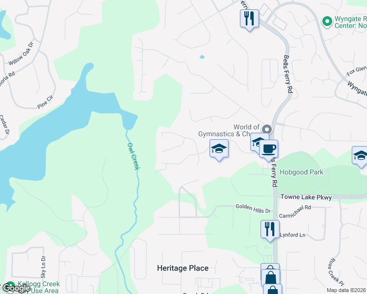map of restaurants, bars, coffee shops, grocery stores, and more near 405 Ballymore Pass in Woodstock