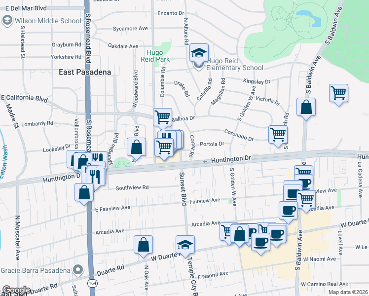 map of restaurants, bars, coffee shops, grocery stores, and more near 722 Sunset Boulevard in Arcadia