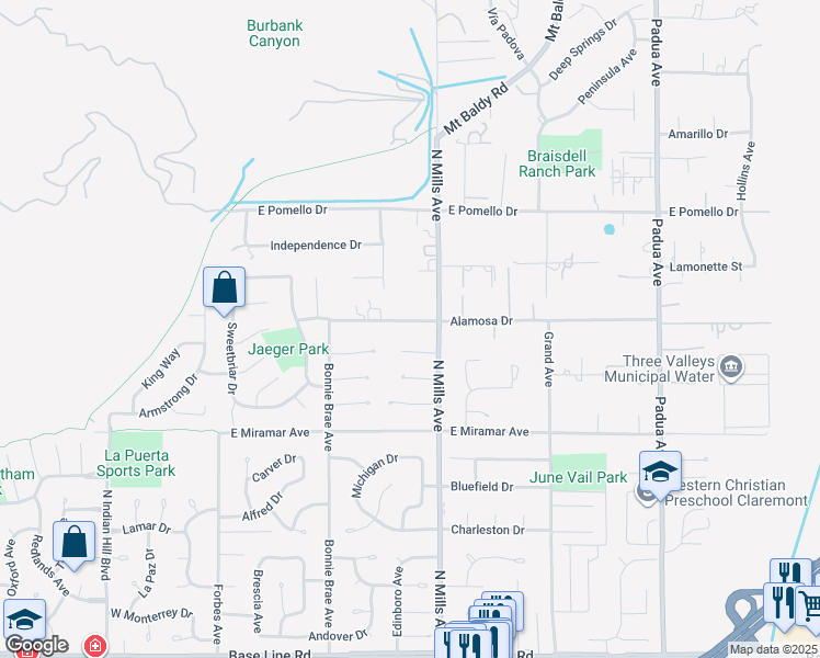 map of restaurants, bars, coffee shops, grocery stores, and more near 416 Alamosa Drive in Claremont