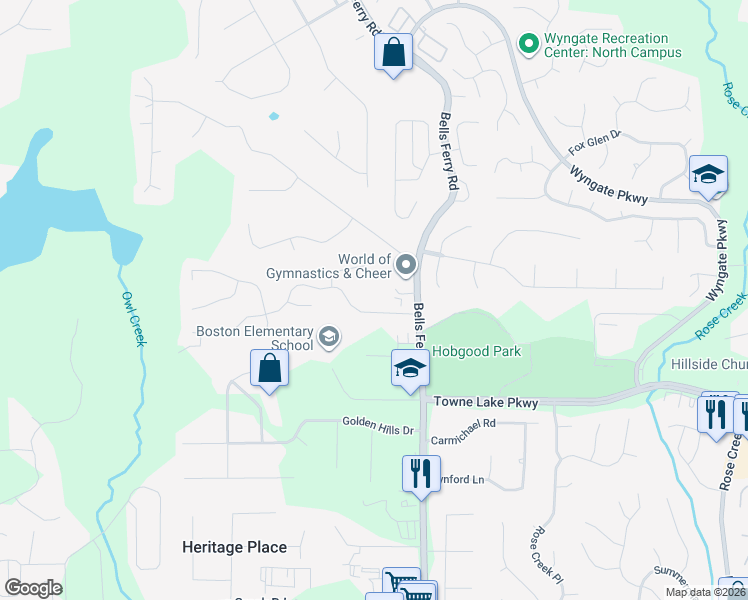 map of restaurants, bars, coffee shops, grocery stores, and more near 1000 Ashfern Walk in Woodstock