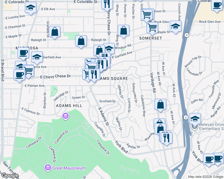 map of restaurants, bars, coffee shops, grocery stores, and more near 1206 East Palmer Avenue in Glendale
