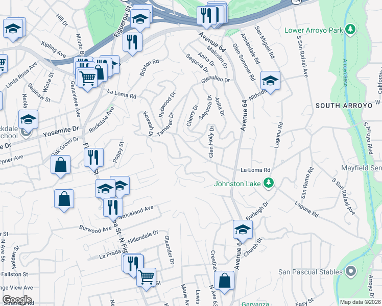map of restaurants, bars, coffee shops, grocery stores, and more near 1544 La Loma Road in Pasadena