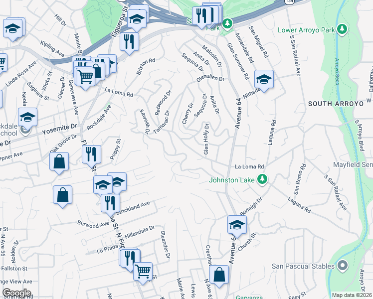 map of restaurants, bars, coffee shops, grocery stores, and more near 1544 La Loma Road in Pasadena