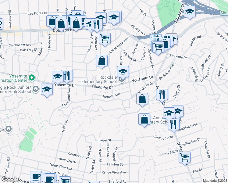 map of restaurants, bars, coffee shops, grocery stores, and more near 1364 Yosemite Drive in Los Angeles