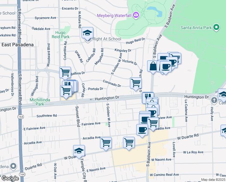 map of restaurants, bars, coffee shops, grocery stores, and more near 717 Joaquin Road in Arcadia