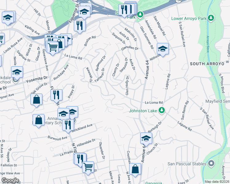 map of restaurants, bars, coffee shops, grocery stores, and more near 1545 La Loma Road in Pasadena
