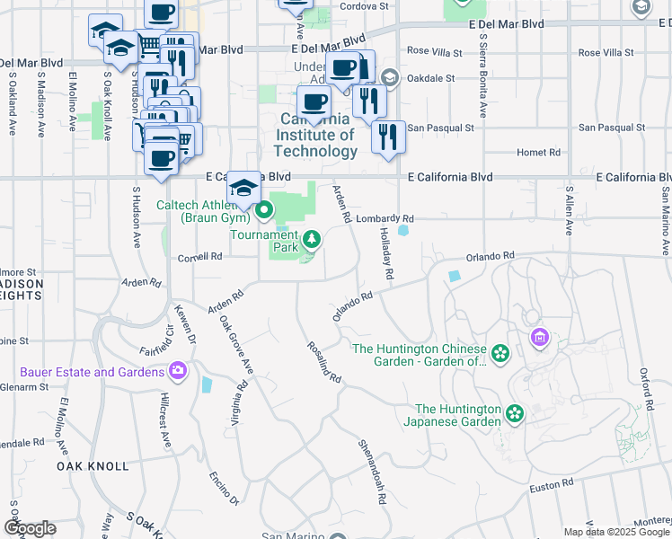 map of restaurants, bars, coffee shops, grocery stores, and more near 1155 Arden Road in Pasadena