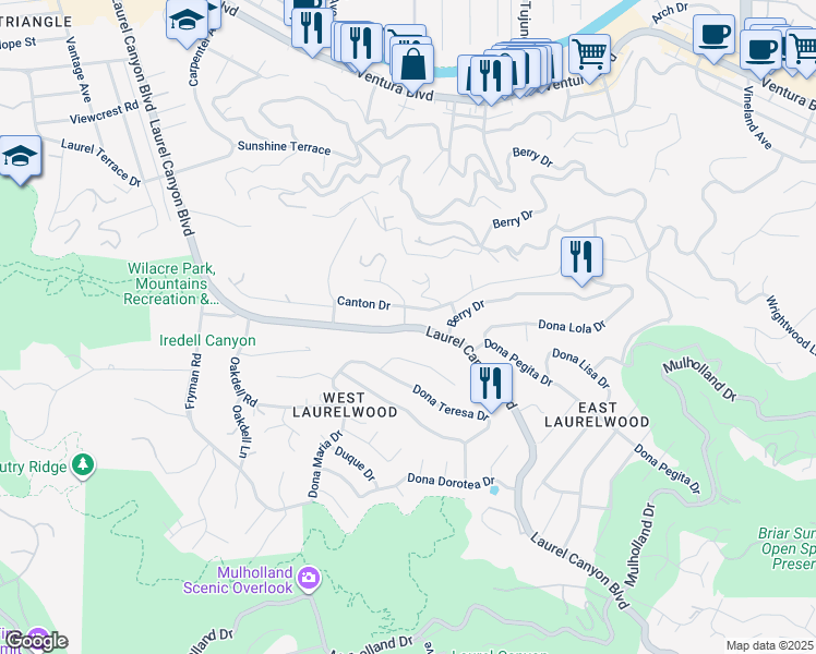 map of restaurants, bars, coffee shops, grocery stores, and more near Laurel Canyon Boulevard in Los Angeles