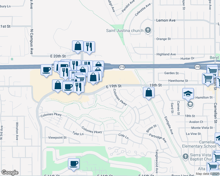 map of restaurants, bars, coffee shops, grocery stores, and more near 1321 Kendra Lane in Upland