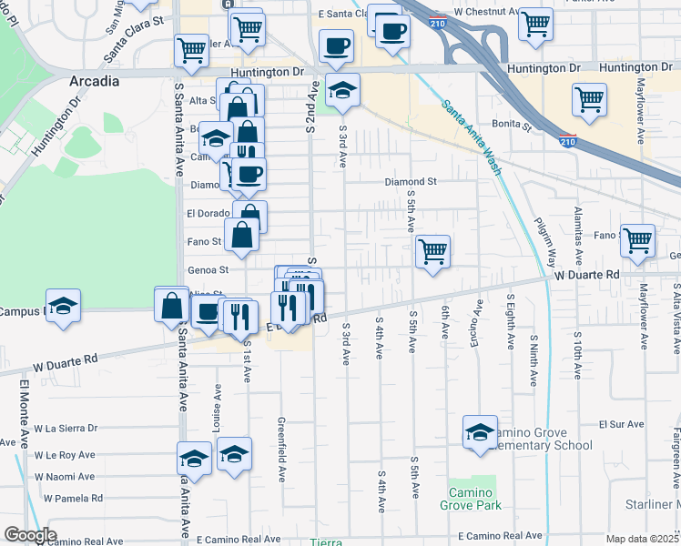 map of restaurants, bars, coffee shops, grocery stores, and more near 232 Genoa Street in Arcadia