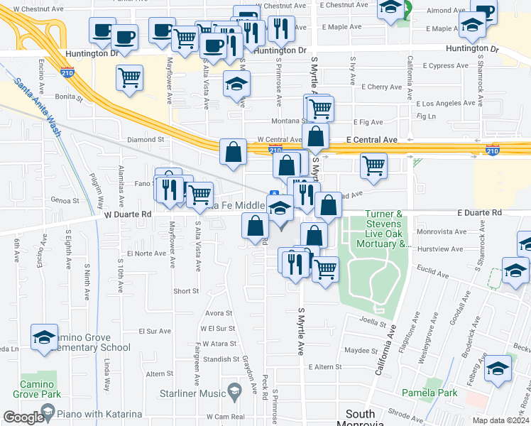 map of restaurants, bars, coffee shops, grocery stores, and more near Peck Road & West Duarte Road in Monrovia