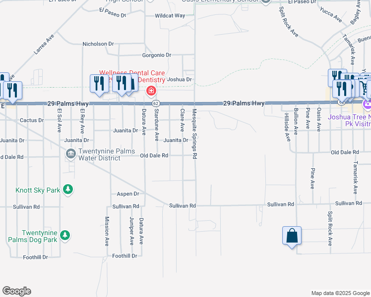 map of restaurants, bars, coffee shops, grocery stores, and more near Clare Avenue in Twentynine Palms