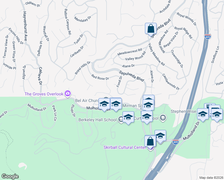 map of restaurants, bars, coffee shops, grocery stores, and more near 16244 Dorilee Lane in Los Angeles