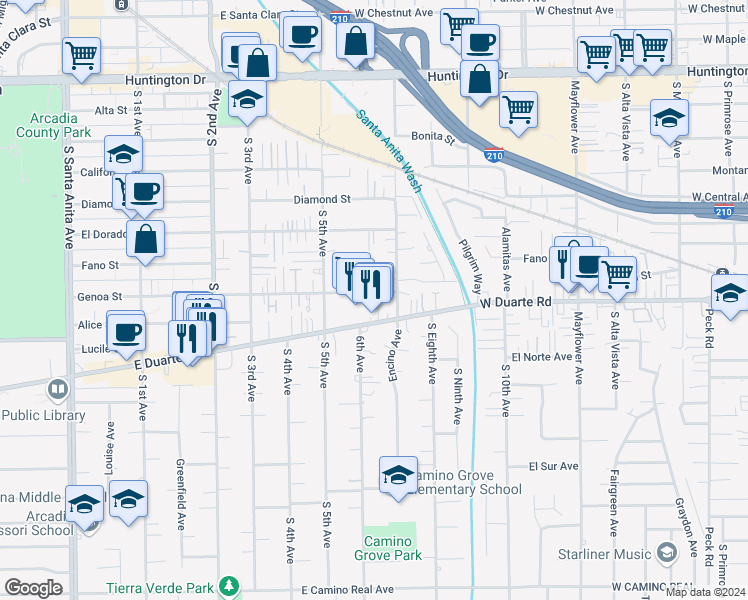 map of restaurants, bars, coffee shops, grocery stores, and more near 912 Genoa Street in Monrovia