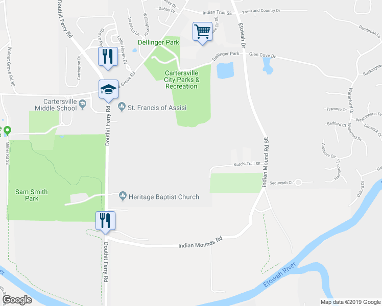 map of restaurants, bars, coffee shops, grocery stores, and more near 90 Natchi Trail Southeast in Cartersville